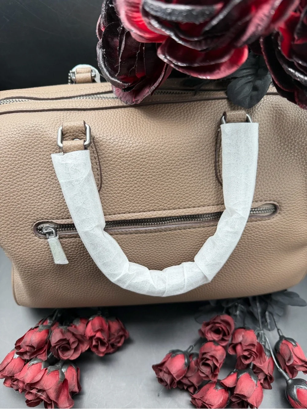 Coach Pebbled Leather Large Rowan Satchel Bag in Dark Stone / Taupe
